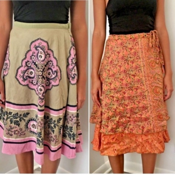 2 Hippie Skirts FUNKY PEOPLE Green Paisley M & INDIAN 2-way Orange Silk Wrap OS - Picture 2 of 14